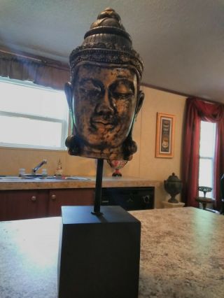 Antiqued Patina Hindu God Shiva Rasin Bust Sculpture On Black Wooden Base 16” H