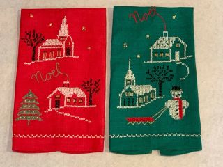 2 Vintage Hand Embroidered Kitchen Tea Towels Christmas Noel