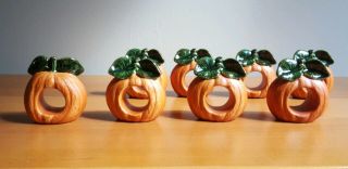 Vintage Set Of 8 Orange Ceramic Fall Harvest Halloween Pumpkin Napkin Rings