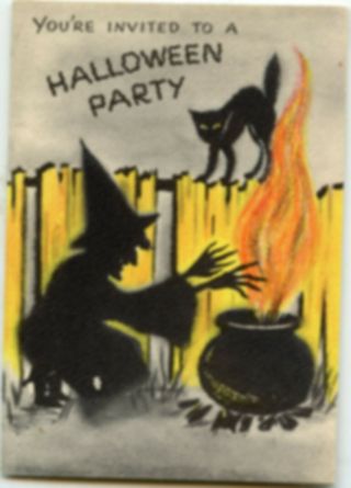 Halloween Party Vintage Invitation Witch Black Cat Cauldron With Envelope