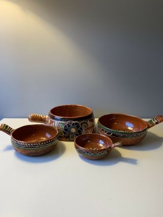 Vintage Hand Painted Mexican Terra Cotta Redware Clay Pottery Set Of 4