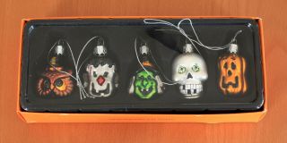 Halloween Glass Ornaments,  Set Of Five Owl,  Frankenstein,  Witch,  Skull,  Pumpkin