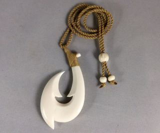 Hawaiian Fishhook Necklace Carved From Buffalo Bone 3 " Tall.  With Adjustable Cord