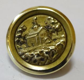 Small Vintage Metal Picture Button Showing A Church And Landscape Scene