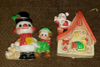 2 Vintage Christmas Ornaments Vinyl Plastic Santa Claus On Rooftop Snowman Japan