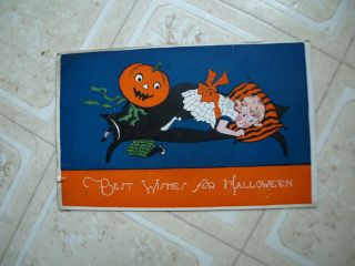 1920? Halloween Postcard,  Pumpkin Person,  Girl,  Color