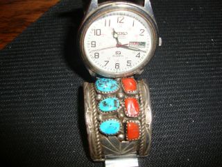 Seiko Watch With Sterling Siver Band & Turquoise & Coral In Band