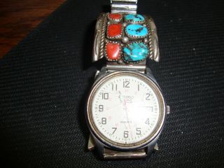 SEIKO WATCH WITH STERLING SIVER BAND & TURQUOISE & CORAL IN BAND 3