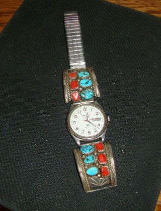 SEIKO WATCH WITH STERLING SIVER BAND & TURQUOISE & CORAL IN BAND 8