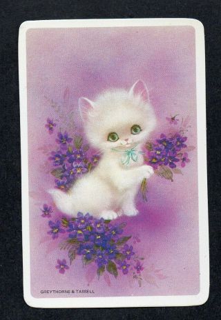 920.  649 Blank Back Swap Card - - White Kitten With Violets