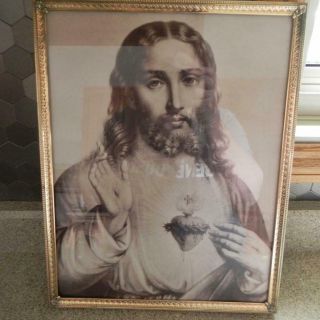 01558 Vintage Rare Black & White Framed Picture Religious Sacred Heart Of Jesus