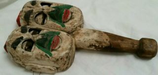 Vintage Mexican Folk Art Carved Twin Wood Painted Masks 9 " Puppet