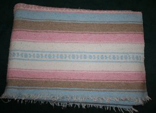 Vtg Hand Woven Mexican Blanket Cotton Twin 54 X 75 Pastel Blue Pink Beige White