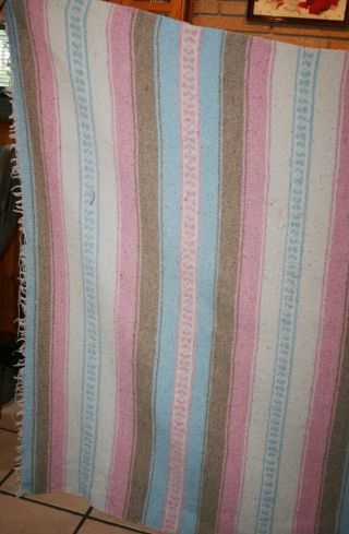 VTG Hand Woven Mexican Blanket Cotton Twin 54 X 75 Pastel Blue Pink Beige White 5