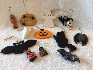 13 Misc.  Halloween Ornaments: Bats,  Cats,  Ghosts,  Skull,  Pumpkins,  Potions Pot