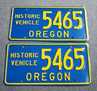 Vtg.  Pair Oregon State Blue Yellow Historic Vehicle License Plates Tags 5465