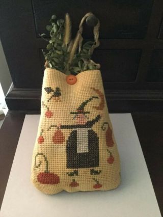 Primitive Hand Embroidered Halloween Witch & Pumpkin Hand Made Hanger Ditty Bag