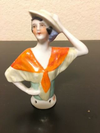 Vintage Germany Porcelain Pin Cushion Half - Doll Orange Shawl And Hat