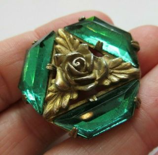 Gorgeous Large Antique Vtg Emerald Glass In Metal Button Unique 1 - 3/8 " (u)