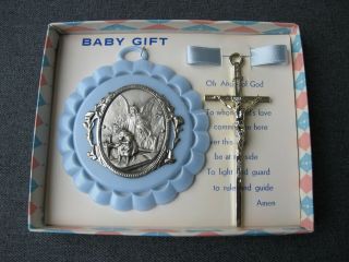 Vintage Christian Large Crucifix & Angel Guardian Crib Medal Baby Gift Set Italy