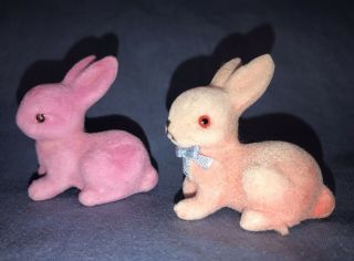 Vintage Pink Flocked Picks Bunny Rabbits Easter Basket Floral Decoration