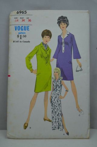 Vintage 1960s Vogue Sewing Pattern 6965 Shirt Dress Bell Sleeves 14 34 Uncut Ie