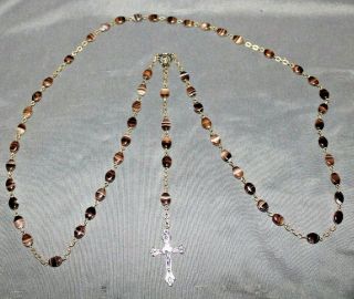 Vintage Polished Oval Shaped Banded Agate Rosary In Shades Of Brown
