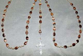 Vintage Polished Oval Shaped Banded Agate Rosary in Shades of Brown 4