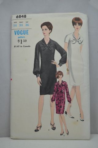 Vintage 1960s Vogue Sewing Pattern 6848 Slim Dress Kimono Sleeves 14 34 Uncut