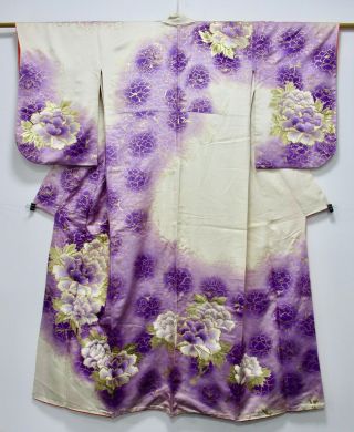 Japanese Kimono Silk Houmongi / Gorgeous Flower Embroidery / Silk Fabric /229