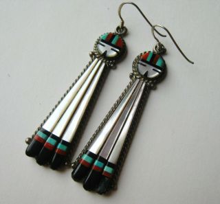 Vtg Zuni Indian Sterling Silver Turquoise Mop Onyx Inlay Drop Dangle Earrings
