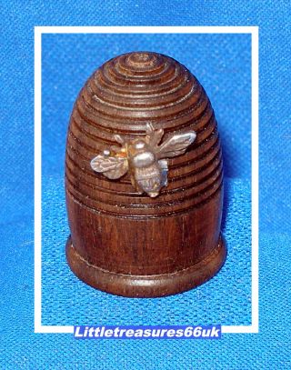 Beehive Skep Turned Wood Silver Bee Thimble.