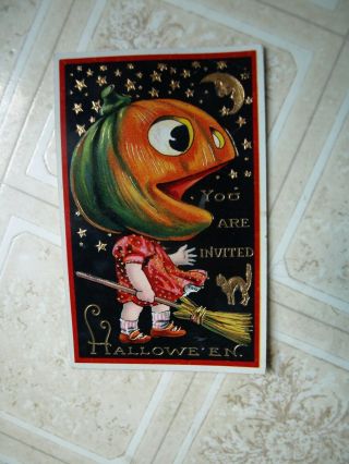 1910? Halloween Postcard,  Giant Pumpkin Head On Girl,  Broom,  Cat,  Moon
