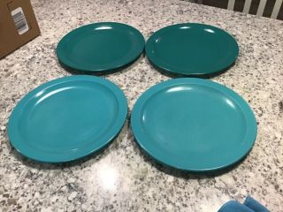 Vintage Texas Ware Set Of 4 Dinner Plates 10 1/8”—2 Dark Green & 2 Turquoise
