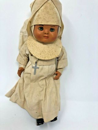Closet Find Needs Tlc - - Vintage Nun Celluloid In White W/ Sleepy Eyes & Cross