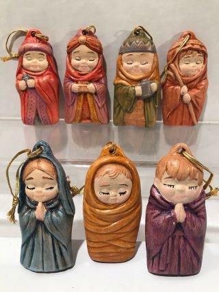 Adorable Hand Painted Ceramic 7 Pc Nativity Ornament Set
