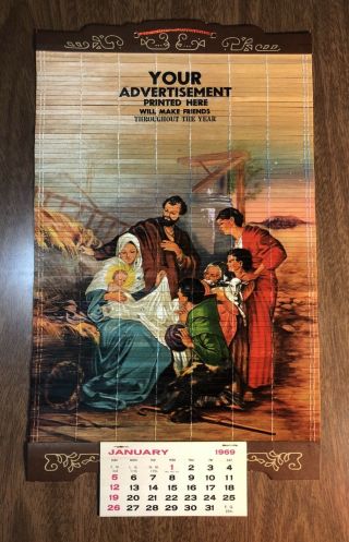 Vintage 1969 Salesman Sample Chipwood Panel Handpainted Calendar - Holy Family