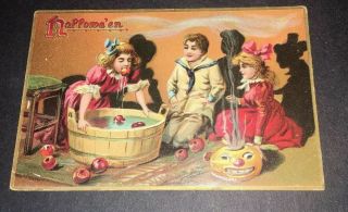 S21 1528 Vintage Tuck Halloween Postcard Series 150 Girls Boy Dunk Apples 1908