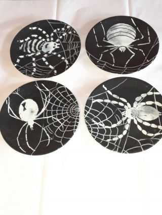 4 Fabulous Pottery Barn Small Halloween Plates Spider Web Black White Gray