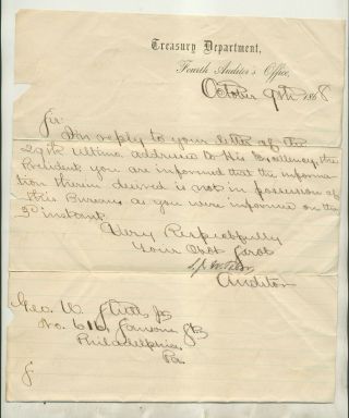 1868 Letter From S J W Tabor Fourth Auditor U S Treasury Department