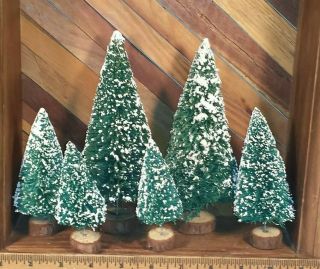6 Flocked Bottle Brush Pine Trees For Holiday Village Christmas Display