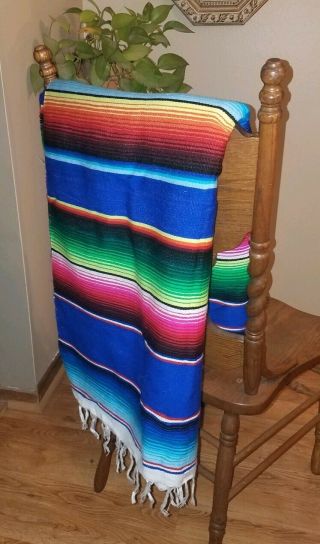 Fine Vtg Huge Mexican Saltillo Serape Blanket Wool Cotton Hand Woven Rainbow