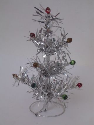 Vintage 7 " Silver Tinsel Christmas Tree With Colored Bulb Ornaments Japan