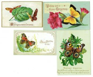 4 X Single Victorian Christmas Greetings Cards All With Butterflies 1 X Embossed