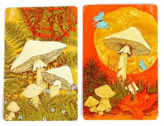 Pair Vintage Swap Cards.  Retro Toadstool,  Butterfly Fairy Garden.  Gilt Hallmark.