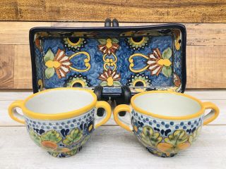 Mexican Talavera Pottery La Corona Vintage Mugs & Dish Plate Hand Painted Signed
