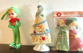 Vtg Mid 1900 Elf/white Bottle Brush Decorated Xmas Tree/2 Choir Girl Ornaments
