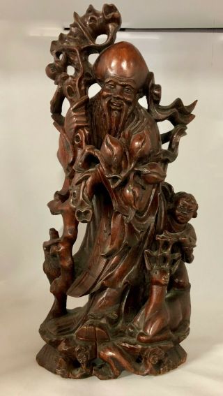 Vintage Chinoiserie Hardwood Carving Of Ancient Seer Or God (highly Detailed)