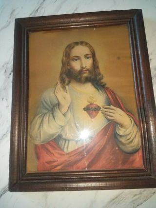 Antique Sacred Heart Picture Of Jesus Christ In Wood Frame,  8x10 "