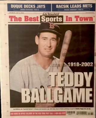 2002 York Daily News Death Of Ted Williams (boston Red Sox)